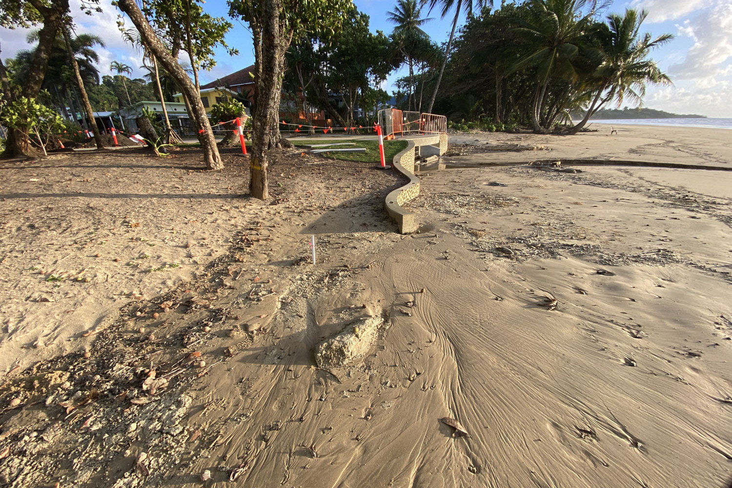 Signs in the sand: high tides might inundate the planned new children’s playground on the Mission Beach foreshore, and (inset right) a Google Earth photo with overlayed plan of the kids’ play area. Inset left: Liz Gallie of Mission Beach Cassowaries. Pictures: Mission Beach Cassowaries Group