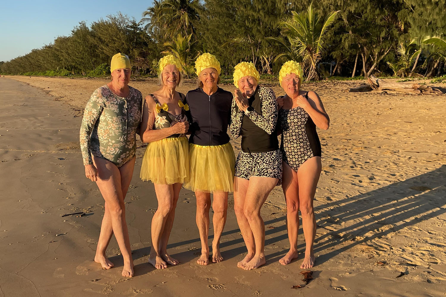 Local dippers (from left) Helen Cook, Margaret Rapsey, Judy Heath, Liz Lang and Esther Linnett took part in the practice dip. Picture: Supplied