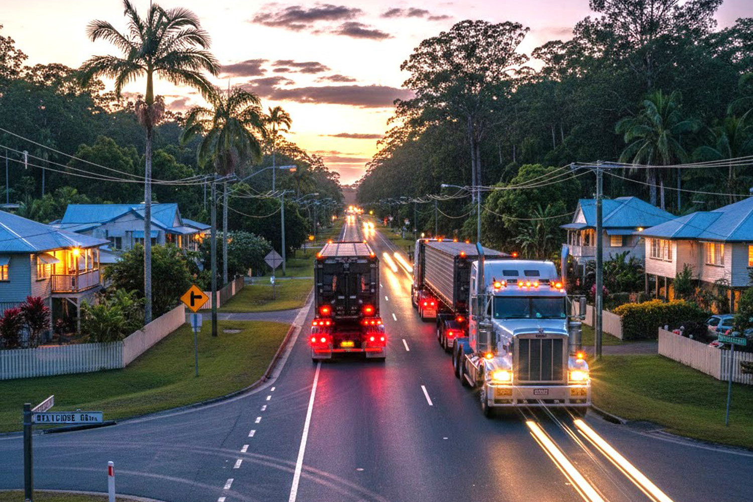 An AI-generated image of what built-up areas of the Palmerston Highway might look like if B-Triples and other large vehicles were permitted on it. Picture: Google Gemini
