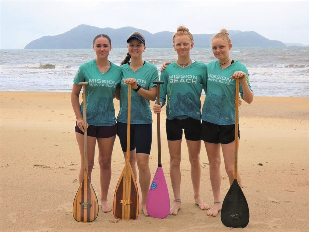 Australia’s under-19 team, Charlotte Sharpe, Angie Anderson, and sisters Azariah and Eliana Wigley-Gill at Mission Beach. Picture: Supplied