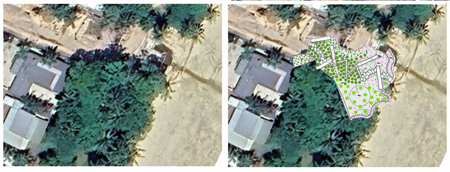 and (inset right) a Google Earth photo with overlayed plan of the kids’ play area